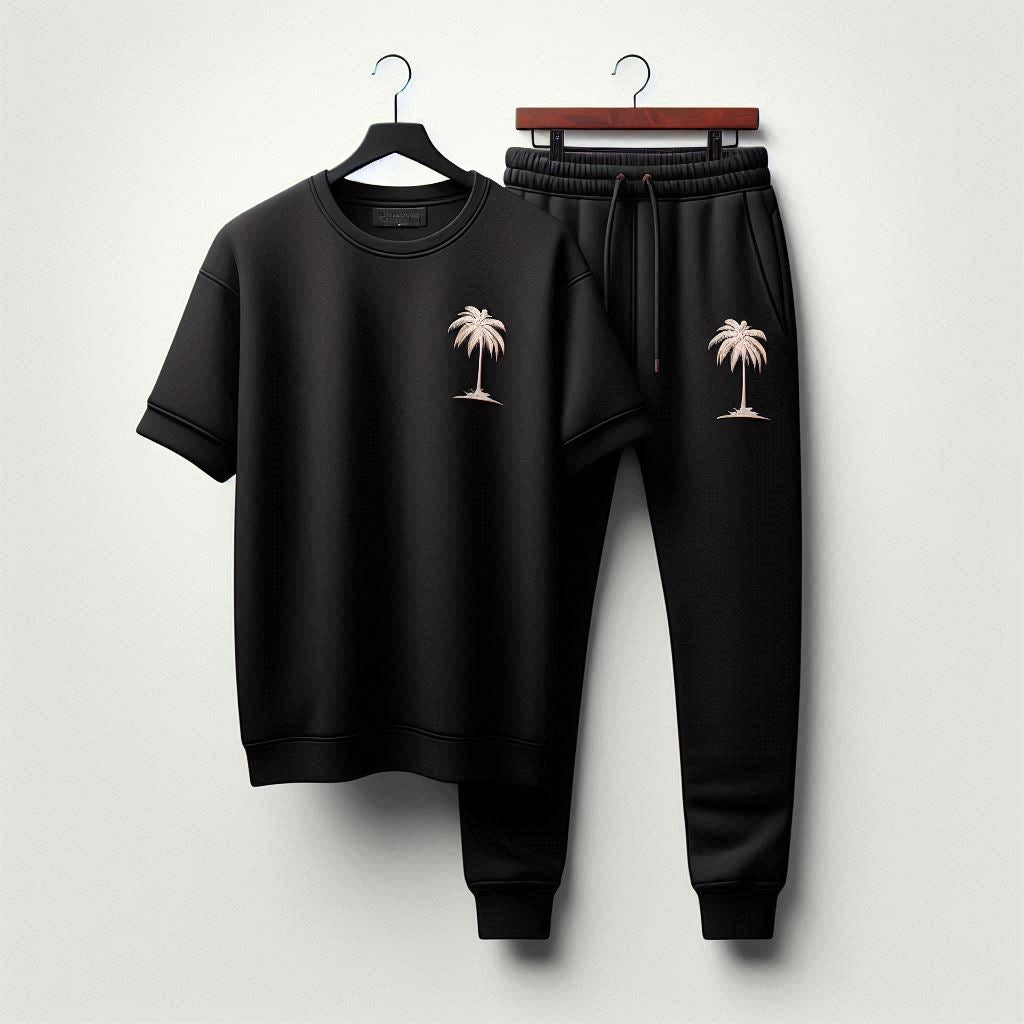 Palm Street Printed T-Shirt and Pants Set - PSPRTSPA7 - Black Black