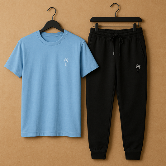 Palm Street Printed T-Shirt and Pants Set - PSPRTSPA16 - Light Blue Black
