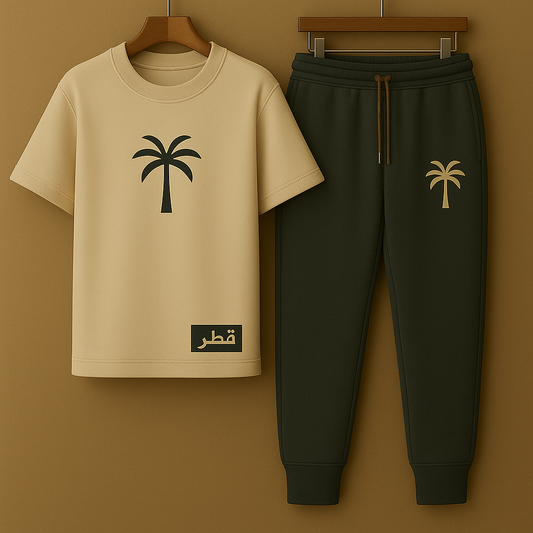 Palm Street Printed T-Shirt and Pants Set Qatar Exclusive - PSPRTSQA1 - Cream Black