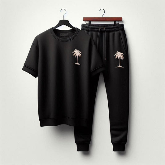 Palm Street Printed T-Shirt and Pants Set - PSPRTSPA7 - Black Black