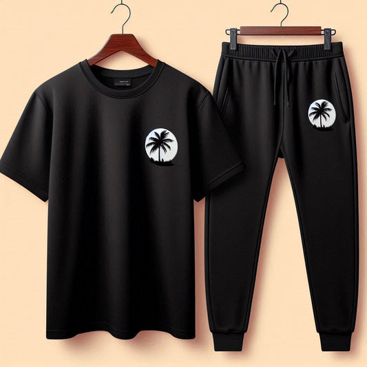 Palm Street Printed T-Shirt and Pants Set - PSPRTSPA2 - Black Black