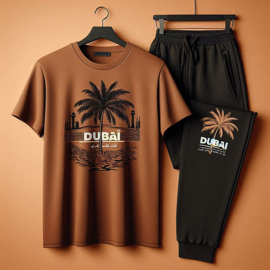 Palm Street Printed T-Shirt and Pants Set - PSPRTSPA14 - Brown Black