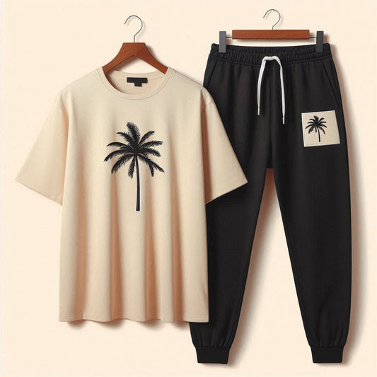 Palm Street Printed T-Shirt and Pants Set - PSPRTSPA3 - Cream Black