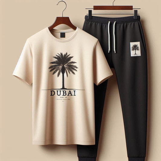 Palm Street Printed T-Shirt and Pants Set - PSPRTSPA13 - Cream Black