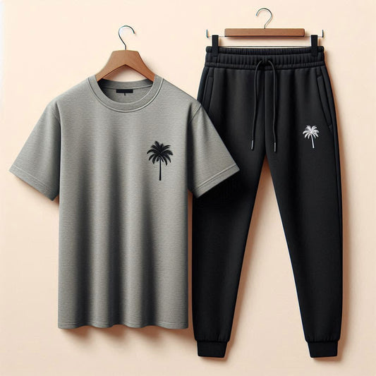 Palm Street Printed T-Shirt and Pants Set - PSPRTSPA21 - Grey Black