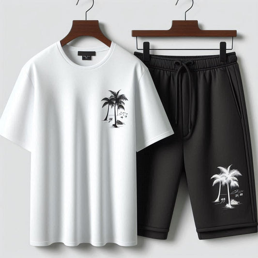 Palm Street Printed T-Shirt and Shorts Set - PSPRTSSH8 - White Black