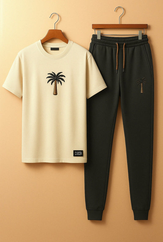 Palm Street Printed T-Shirt and Pants Set - PSPRTSPA23 - Cream Black