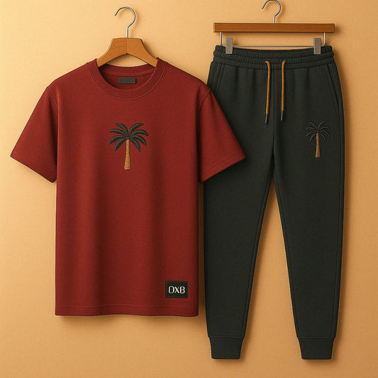 Palm Street Printed T-Shirt and Pants Set - PSPRTSPA23 - Maroon Black