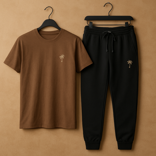 Palm Street Printed T-Shirt and Pants Set - PSPRTSPA16 - Brown Black