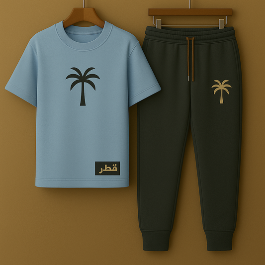 Palm Street Printed T-Shirt and Pants Set Qatar Exclusive - PSPRTSQA1 - Light Blue Black