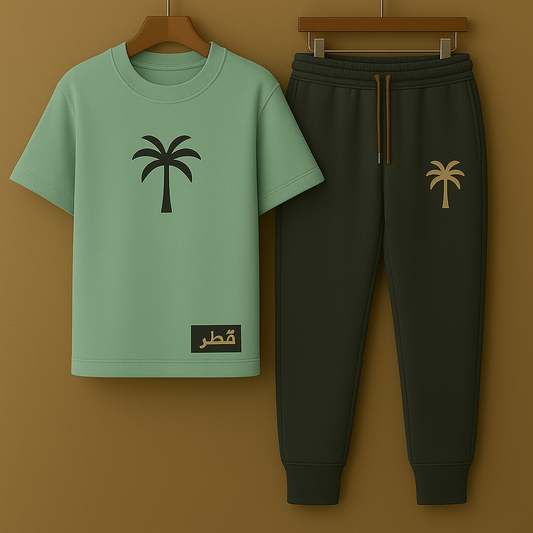 Palm Street Printed T-Shirt and Pants Set Qatar Exclusive - PSPRTSQA1 - Mint Green Black